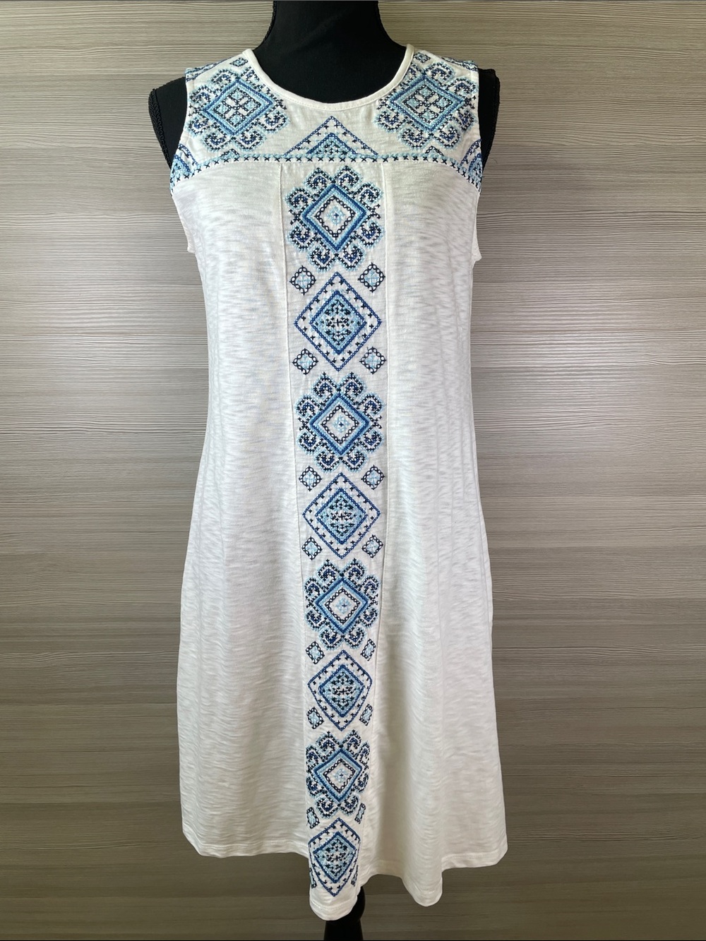 Style & Co. Blue Aztec Embroidered White Sleeveless Loose Sundressress Size Smal